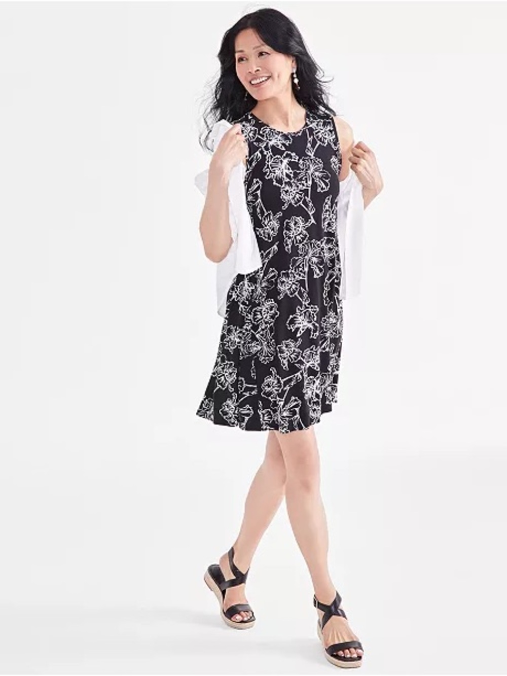 Style & Co. nwt size PS Small Sleeveless Flip-Flop Dress Black and White Floral